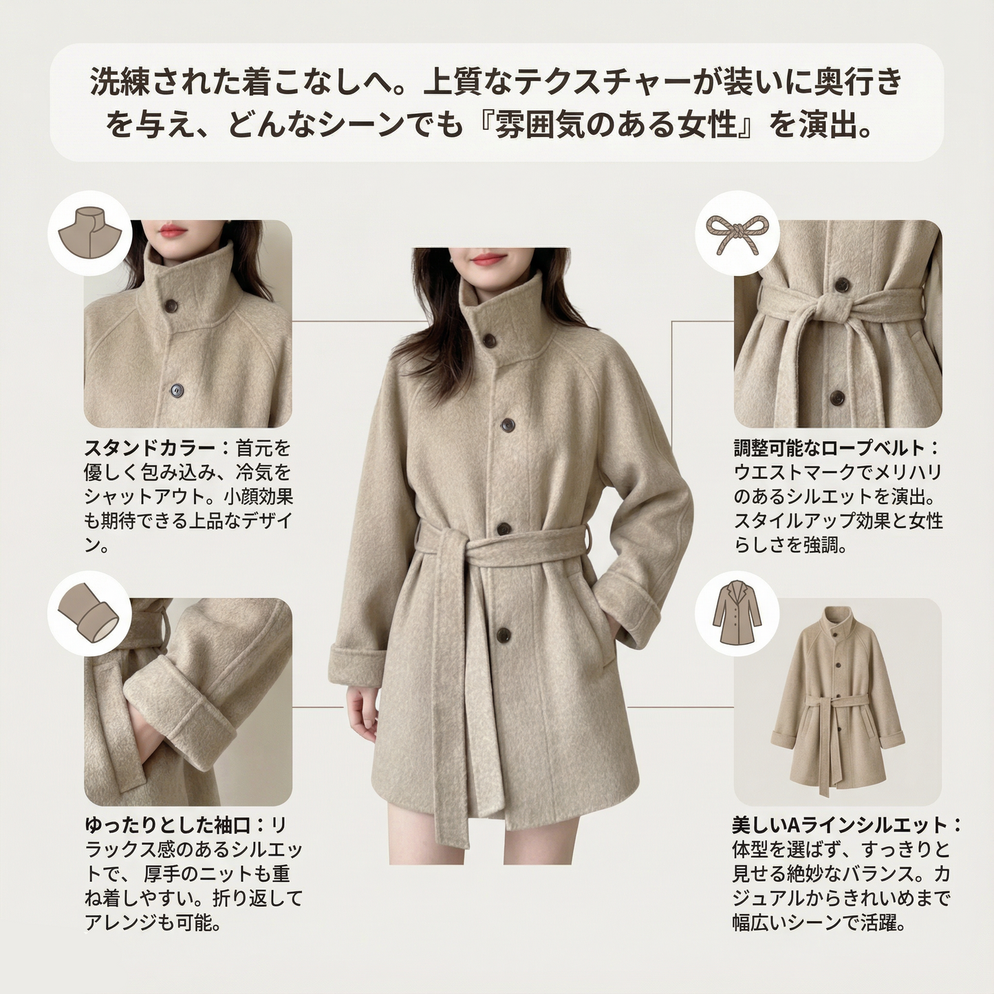 AURELINE™ – スタンドカラーコート（美しいシルエットでスタイルアップ）
